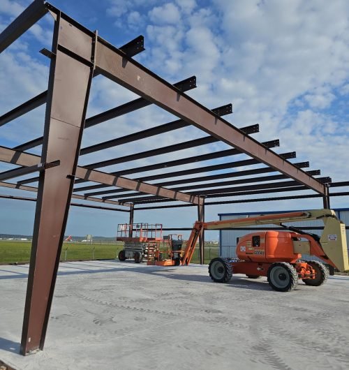 Steel building erection at Eppley Airfield in Omaha, NE